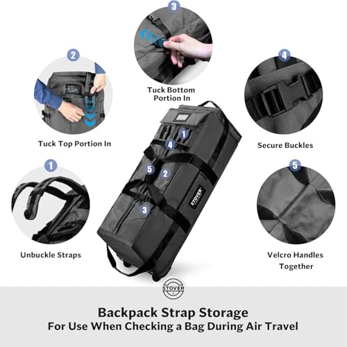 45/80/100L Rolling Duffel Bag with Wheels, Large Durable Travel Duffle + Toiletry Bag, Heavy Duty, Packable, Foldable with Shoulder Straps- Use as Luggage or Backpack, Men/Women (Black)