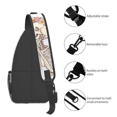 Sling Bag Skeleton Flower Skull Hiking Daypack Crossbody Shoulder Backpack Travel Chest Pack for Men Women