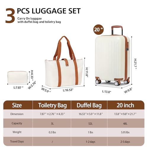 Carry On Luggage Sets 3 Piece 20 Inch Suitcase Set with Duffel Bag (3 Count)