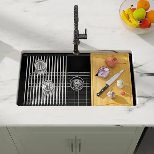 32 inches Granite Composite Kitchen Sink Workstation Black Undermount Single Bowl Large Kitchen Sink 32"W x 19"D x 10"H