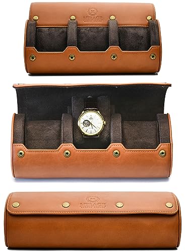 Watch Travel Case for Men Leather Watch Roll for Travel Organizer and Display Watch Case 3 Slots Full Grain Leather Tawny Brown (48 Count)