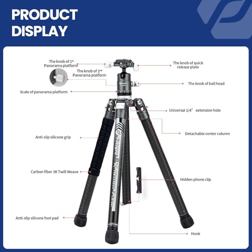 62 Inch Carbon Fiber Tripod for Camera Ultralight Travel Camera Tripod Max Loads Up 22lbs X