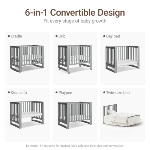 EvoNest 6-in-1 Convertible Baby Mini Crib with Wheels
