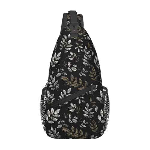 Sling Bag Boho Black Leaf Pattern Hiking Daypack Crossbody Shoulder Backpack Travel Chest Pack for Men Women