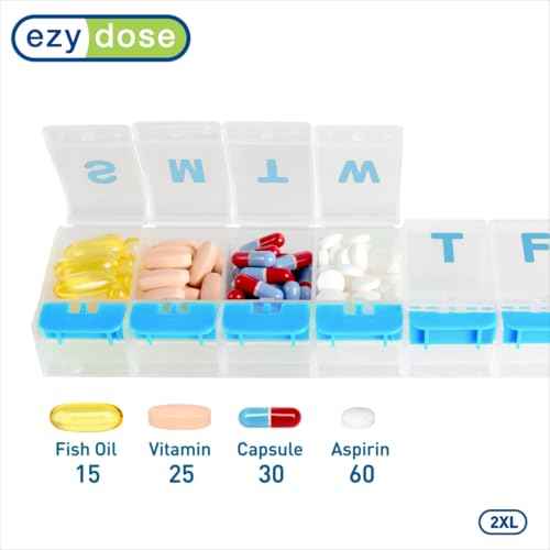 Weekly (7-Day) Pill Organizer, 2XL Compact Medicine Case, Blue