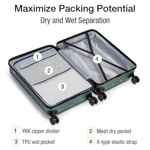 24 Inch Luggage TSA Approved Hardshell Suitcases with Spinner Wheels Durable PC+ABS Medium Checked Travel Luggage for Women Men Green