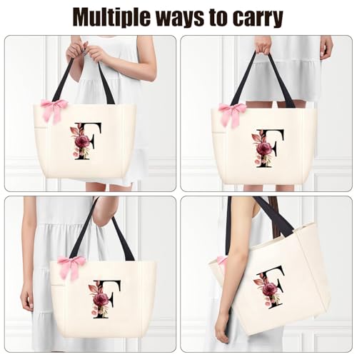 Tote Bag, A-Z Initial Monogrammed Waterproof Tote Bag, Bridesmaid Gifts for Women, Black and Pink (F, Beige)