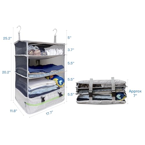 Stow-N-Go Hanging Travel Shelves, Packing Organizer for Luggage. Carry on Closet for Suitcase. Expandable Packing Cube. Travel Essentials. (Light Gray - XL, XL = (L) 17.7" x (W) 11.8")