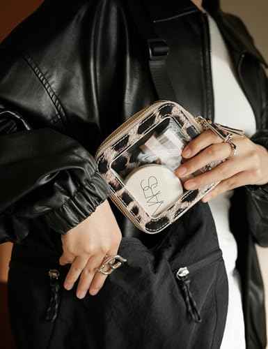Small Makeup Bag for Purse Accessories Women Clear Cosmetic Mini Pouch Car Essentials Bag Leopard Print Clear Leather Make Up Travel Bag Organizer with Zipper Cute Compact Cheetah Little Toiletry Bag