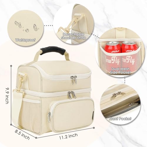 Double Layer Cooler Insulated Lunch Bag Adult Lunch Box Large Tote Bag for Men (Biege)