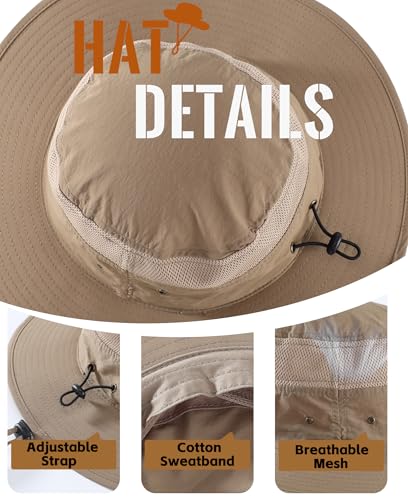 UPF50+ Mens Sun Hat Wide Brim Sun Protection Hat for Men Women Summer Hat Light Weight Breathable Beach Bucket Hat for Garden Fishing Hiking Camping Dark Khaki