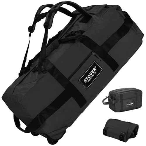 45/80/100L Rolling Duffel Bag with Wheels, Large Durable Travel Duffle + Toiletry Bag, Heavy Duty, Packable, Foldable with Shoulder Straps- Use as Luggage or Backpack, Men/Women (Black)