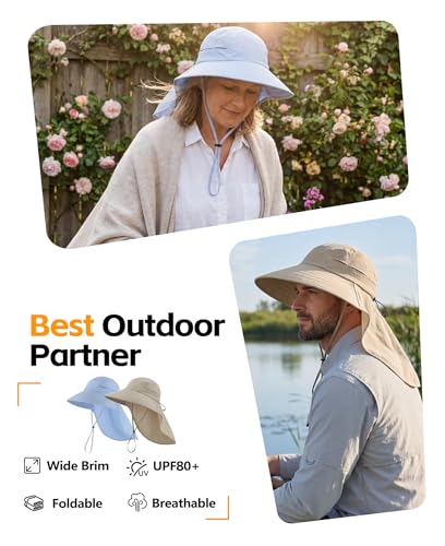 UPF 80+ Sun Hat for Men Women Wide Brim Fishing Hat with Neck Flap Summer Safari UV Protection Bucket Hat Army Green