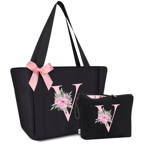 Tote Bag, A-Z Initial Monogrammed Waterproof Tote Bag, Bridesmaid Gifts for Women, Black and Pink (V, Black Set)