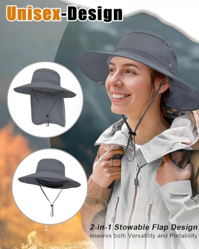 Outdoor Sun Hats with Stowable Neck Flap for Men Women UPF 50+ Mesh Summer Bucket Hat Wide Brim for Fishing Safari Hiking Dark Grey