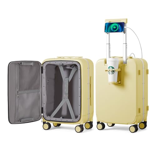 Carry On Luggage with Cup Phone Holder and Charger Hard Shell Suitcases with Spinner Wheels