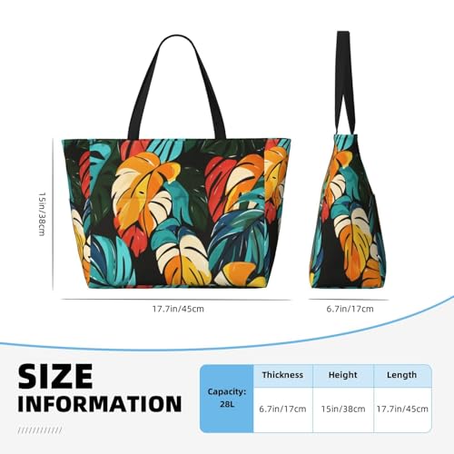 Beach Bag for Women Plam Leaves Print Beach Tote Bag Waterproof Sandproof Large Bags with Zipper Big Capacity for Travel
