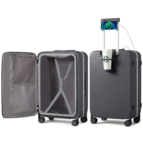 Checked Luggage with Cup Phone Holder and Charger Hard Shell Suitcases with Spinner Wheels