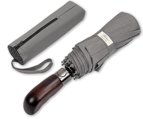 Folding Umbrella Real Wood Handle Auto Open Close Metallic Gray