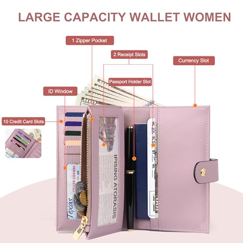 Womens Wallet RFID Blocking Leather Trifold Clutch Wallet Credit Card Holder Ladies Travel Wallet Purse with Passport