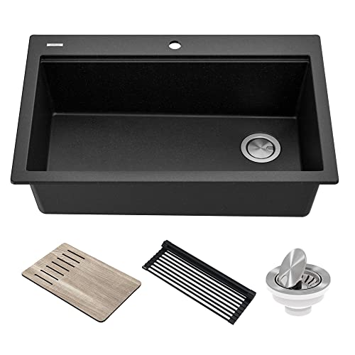 Bellucci Workstation 33" Single Bowl Granite Kitchen Sink in Metallic Black w
