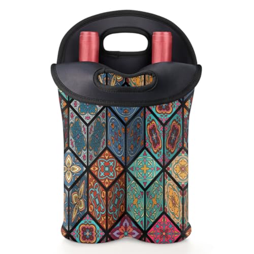 Square Mandala 2 Bottle Wine Carrier Tote Bag Insulated Wine Bottles Neoprene Bag with Secure Carry Handle Portable Wine Cooler Bag for Travel Picnic Beach (2 Count)