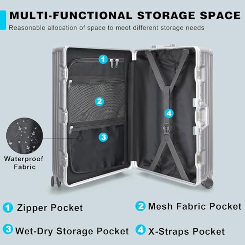 Luggage PC+ABS Aluminum Frame Zipperless Checked Luggage Hard Shell Suitcase with TSA Lock Double Spinner Wheels 28 Inch Silver