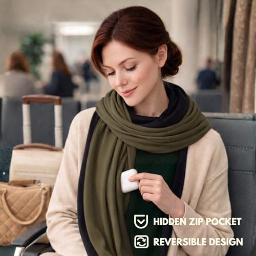 16-in-1 Compact Travel Blanket with Bag – Reversible, Ultra Soft Bamboo Airplane Blanket with Hidden Pocket - Lightweight & Packable for Flights, Camping, Picnic, Travel Essentials (Olive/Black)
