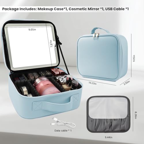 Travel Makeup Bag with LED Mirror and Light Travel Makeup Case Cosmetic Organizer Portable Cosmetic Brush Organizer Bag with Adjustable Dividers for Cosmetics Makeup Brushes Toiletry