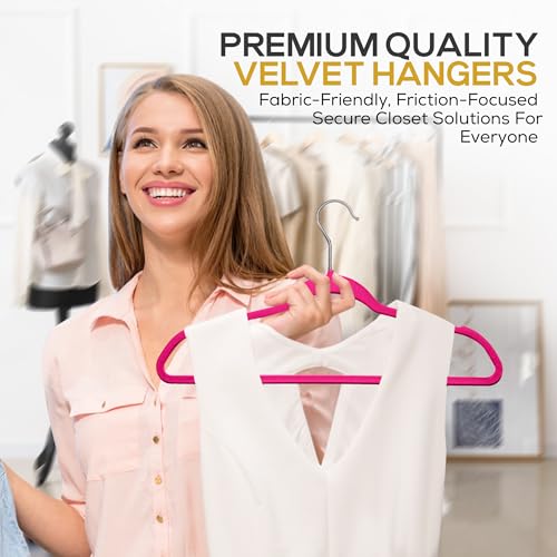 Premium Velvet Hangers 50 Pack Ultra Thin Non Slip Adult Felt Space Saving Suit Hanger for Closet Heavy Duty Coat Pants Jackets Dress Hangers 360° Swivel Hook Hold Upto 10 lbs Dark Pink (50 Count)