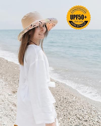 Womens Sun Hats Wide Brim Reversible Bucket Cotton Hat Packable Summer Travel Cap with Hat Clip