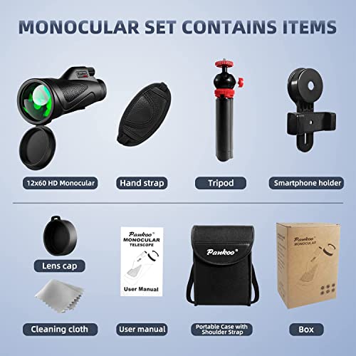 12x60 Monocular Telescope High Powered with Smartphone Adapter Tripod and Portable Bag