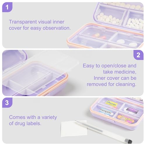 Travel Pill Organizer Box with Medicine Labels Purple