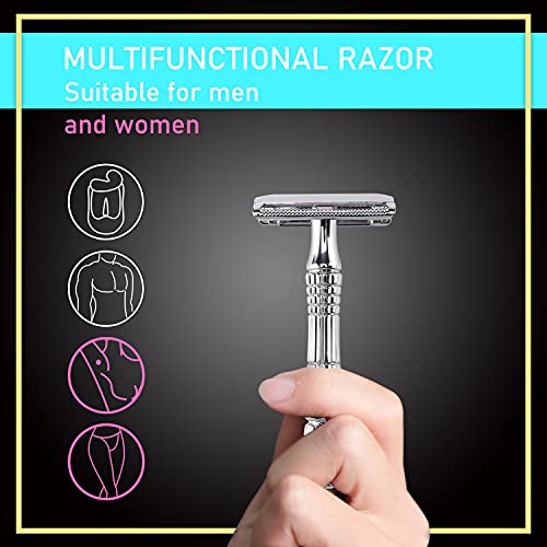 Classic 3 Piece Double Edge Safety Razor Wet Shaving for Men Women with Platinum Blade and Mirrored Travel Case BD176 (3 Count)