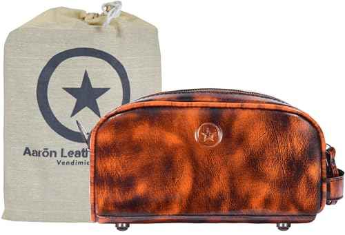 10" Premium Leather Toiletry Travel Pouch With Waterproof Lining