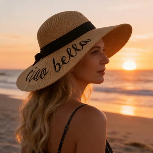 Big Straw Sun Hats for Women Floppy Foldable Roll up Beach Cap Sun Hat UPF 50+ Vacation Honeymoon Embroidered Hat