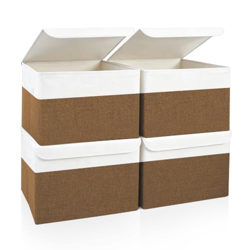 Large 22 Quart Linen Fabric Foldable Storage Bin Cube Organizer Basket with Flip (4 Count)