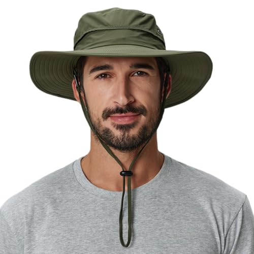 UPF50+ Mens Sun Hat Wide Brim Fishing Hat for Mens Womens Beach Bucket Hat Gardening Golf Army Green