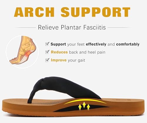 Flip Flops for Women Arch Support Summer Beach Sandals Black Size 10