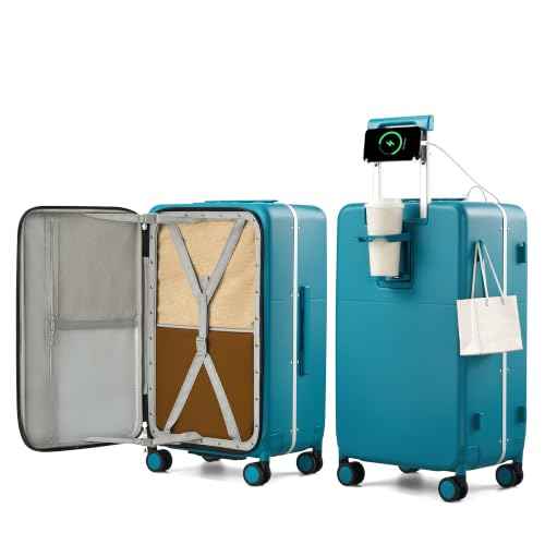 24 Inch Top Opening Checked Luggage with Cup Holder and USB Ports