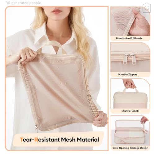 6/9/11 Set Compression Packing Cubes for Travel Essentials,Compressible Expandable Large Luggage Suitcase Organizer Bags for Clothing,Space Saver Bags with Over 1000 pcs of Mesh Holes(Beige) (6 Count)