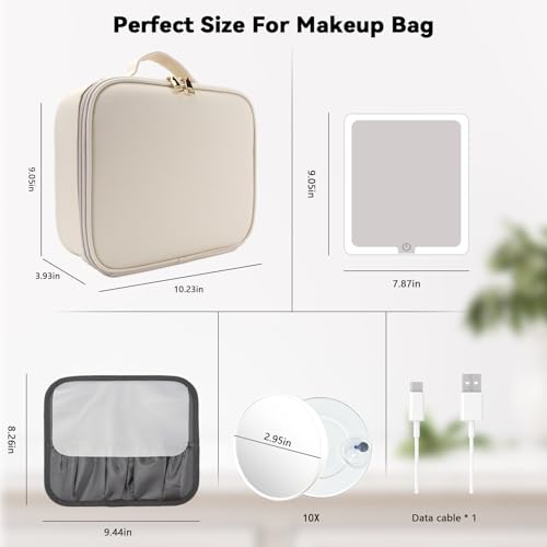 Travel Makeup Bag with LED Mirror and 10x magnifying glass with 3 Lighted Settings
