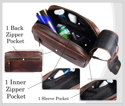 10" Premium Leather Toiletry Travel Pouch With Waterproof Lining