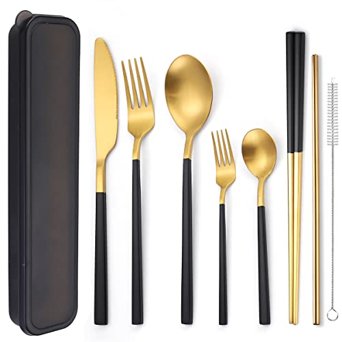 6 Pieces Stainless Steel Flatware Set Portable Reusable Cutlery Set Travel Utensils Set Including Chopsticks Knife Fork Spoon Straws Cleaning Brush Dishwasher Safe (6 Count)