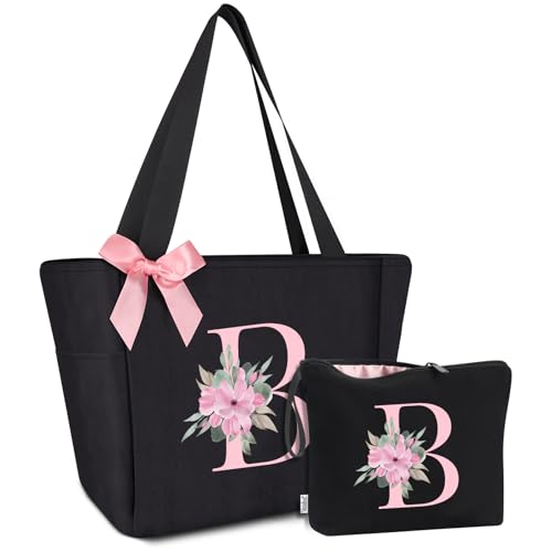 Tote Bag, A-Z Initial Monogrammed Waterproof Tote Bag, Bridesmaid Gifts for Women, Black and Pink (B, Black Set)