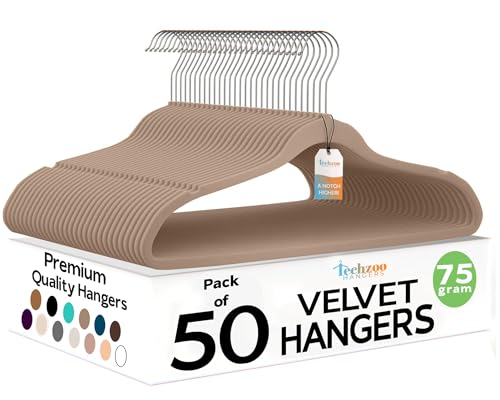 50 Pack New Premium Quality Velvet Hangers Ultra Thin Non Slip Adult Felt Space Saving Hangers for Closet Heavy Duty Coat Pants Dress Hangers 360° Swivel Hook Hold Upto 10 lbs Warm Taupe (50 Count)