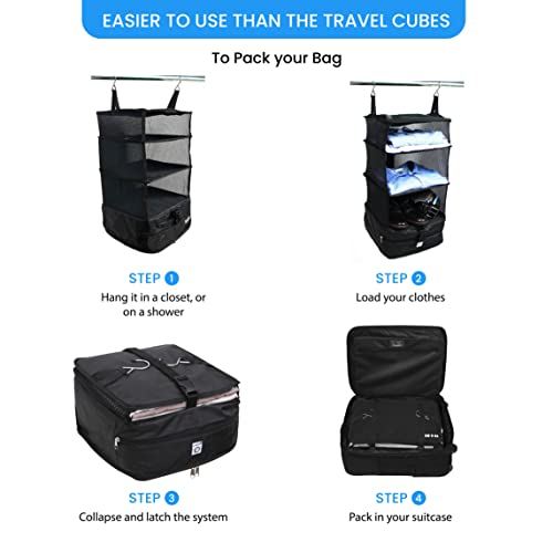 Stow-N-Go Hanging Travel Shelves, Packing Organizer for Luggage. Carry on Closet for Suitcase. Expandable Packing Cube. Travel Essentials. (Black - L, L = (L) 11.8" x (W) 11.8")