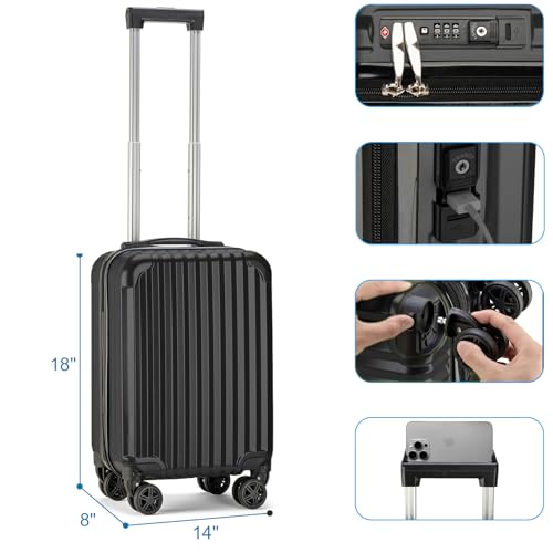 Personal Item Small Suitcase 18x14x8 Inches Hardside Built In TSA Lock & USB Port Lightweight Luggage With Removable Silent Wheels Underseat Carry