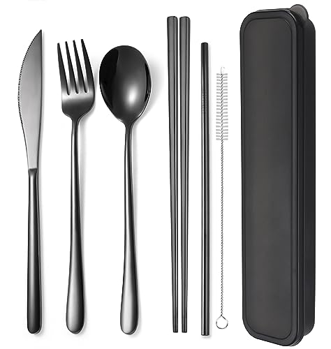 6 Pieces 18 8 Stainless Steel Flatware Set Portable Reusable Cutlery Set Travel Utensils Set Including Chopsticks Knife Fork Spoon Straws Cleaning Brush Dishwasher Safe (6 Count)