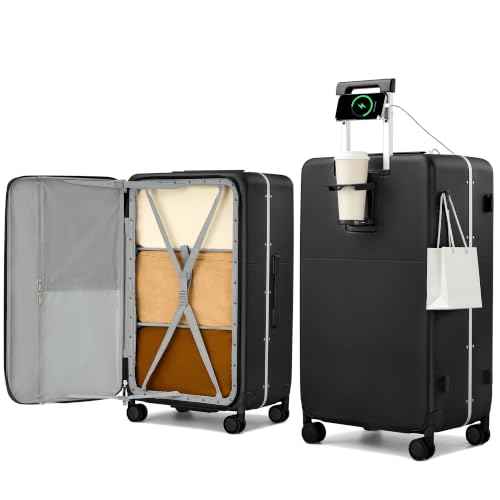 28 Inch Top Opening Checked Luggage with Cup Holder and USB Ports